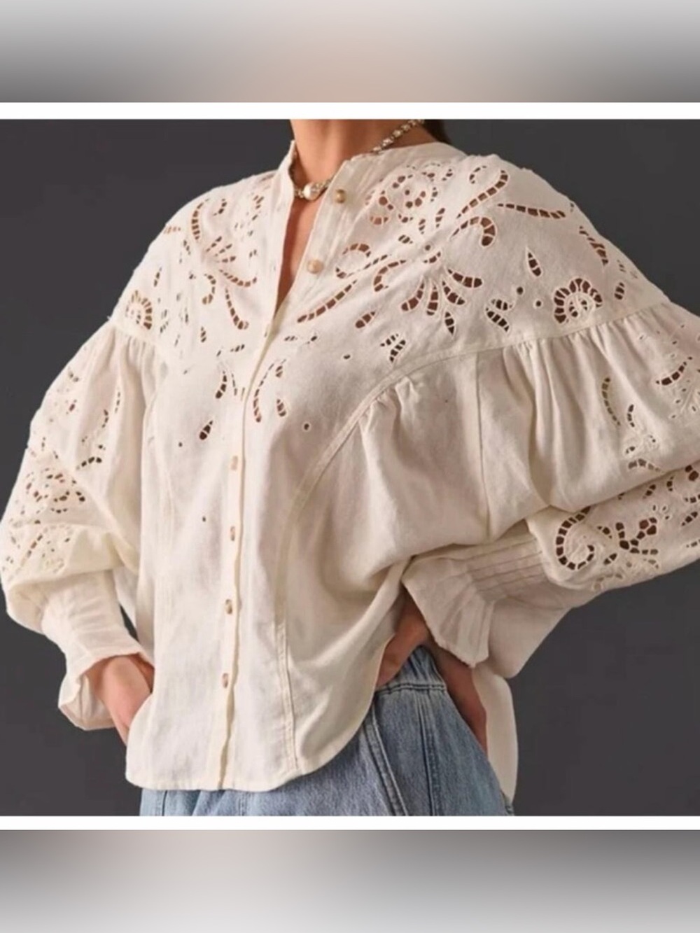 Anthropologie Pilcro Structured Eyelet Blouse Cream Button-Front Shirt Size S - Picture 7 of 17